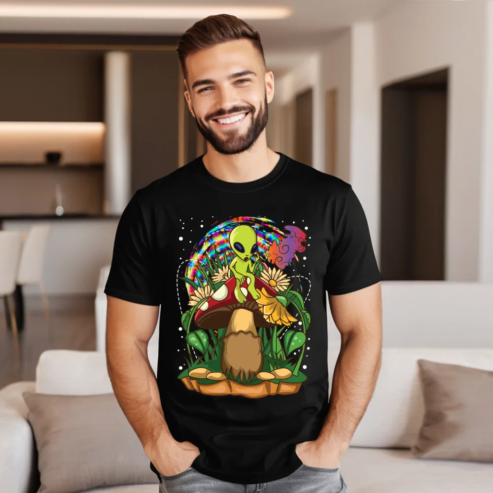 Graphic Mens T-shirts Funny Magic Mushroom Alien Trippy Tops & Tees Pure Cotton Crew Neck Short Sleeve Tee-Shirt Classic