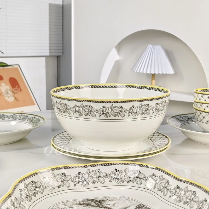 

Porcelain Plates Bowls and Serving Tray Set Western European Style Light Luxury Gift Box for Present