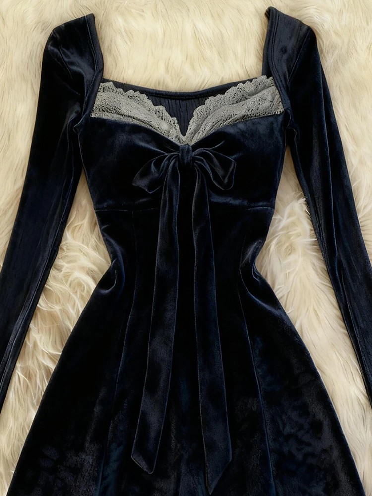 Długa spódnica Ele Deep Blue Lace Sve Dr ort, wyszczuplająca, damska, oryginalny projekt, sezon jesienny, mieszanka bawełny, A-Li...