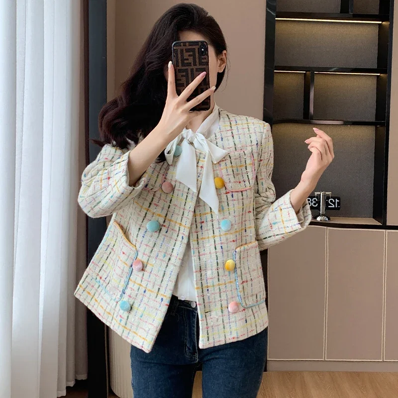 

2024 New Autumn Winter Women Double Breasted Loose Jacket High Quality Sweet Rainbow Colorful Plaid Tweed Jacket Casual Outwear