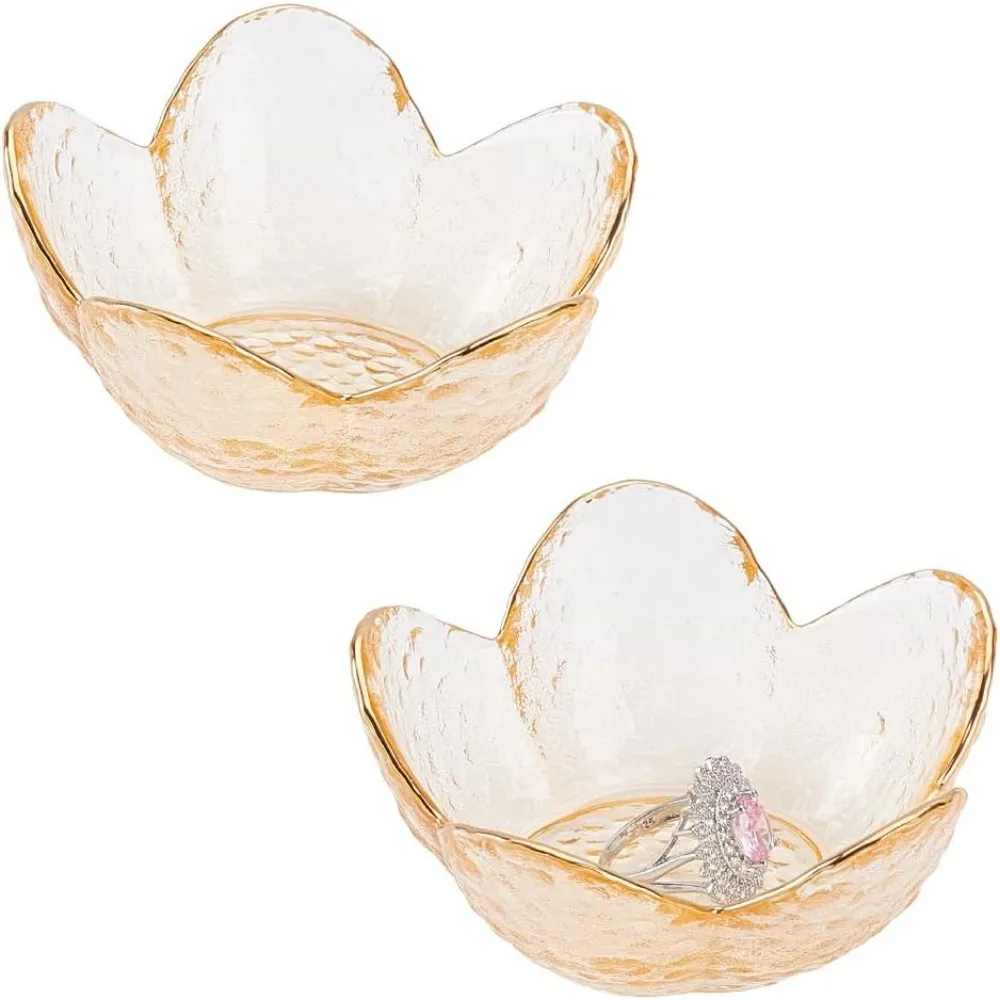 2 pezzi di vetro per gioielli, vassoio per gingilli, 3.48x3.54x1.57 pollici, anello per fiori arancioni, portapiatti, piccola chiave, ciotola in vetro estetico