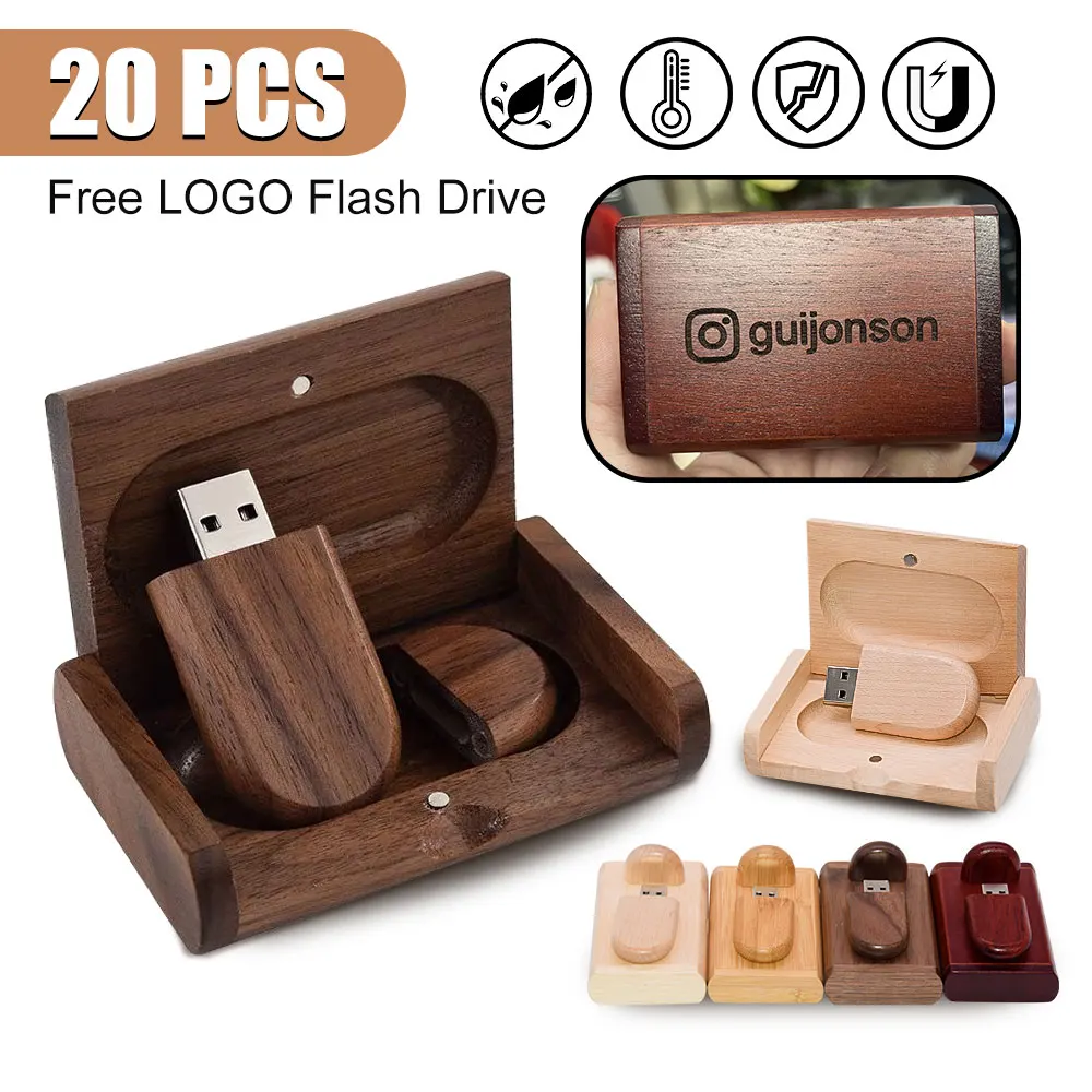 20pcs/Lot Free LOGO USB2.0 Flash Drive Wooden with Box Pendrive  4GB 8GB 16GB 32GB 64GB 128GB cle usb Memory Stick Wedding Gift