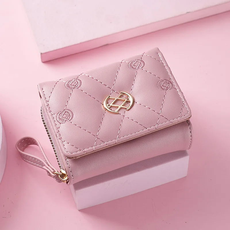 Women PU Leather Wallet Ladies Small Tri Fold Card Holder with Wrist Strap Zipper Coin Purse ID Window Multiple Card Slots Bag