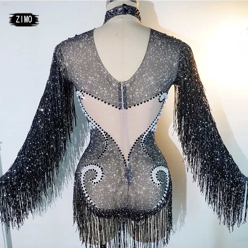 Custom fashion balck crystal bodysuit tassels sexy mesh see through club party DS performance leotard Team pole dance clothing