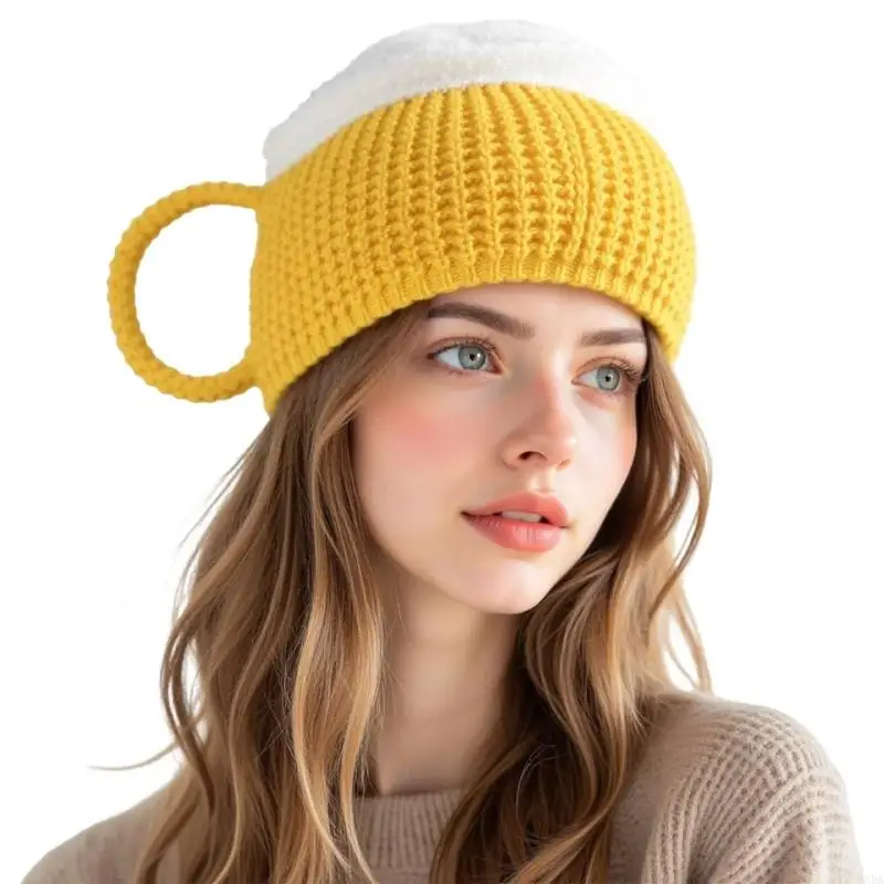 Polyester Winter Hat with a 3D Beer Mug Profile, Decorative Handle Loop, White Top Detail, and Packable Foldable Design 6XDA
