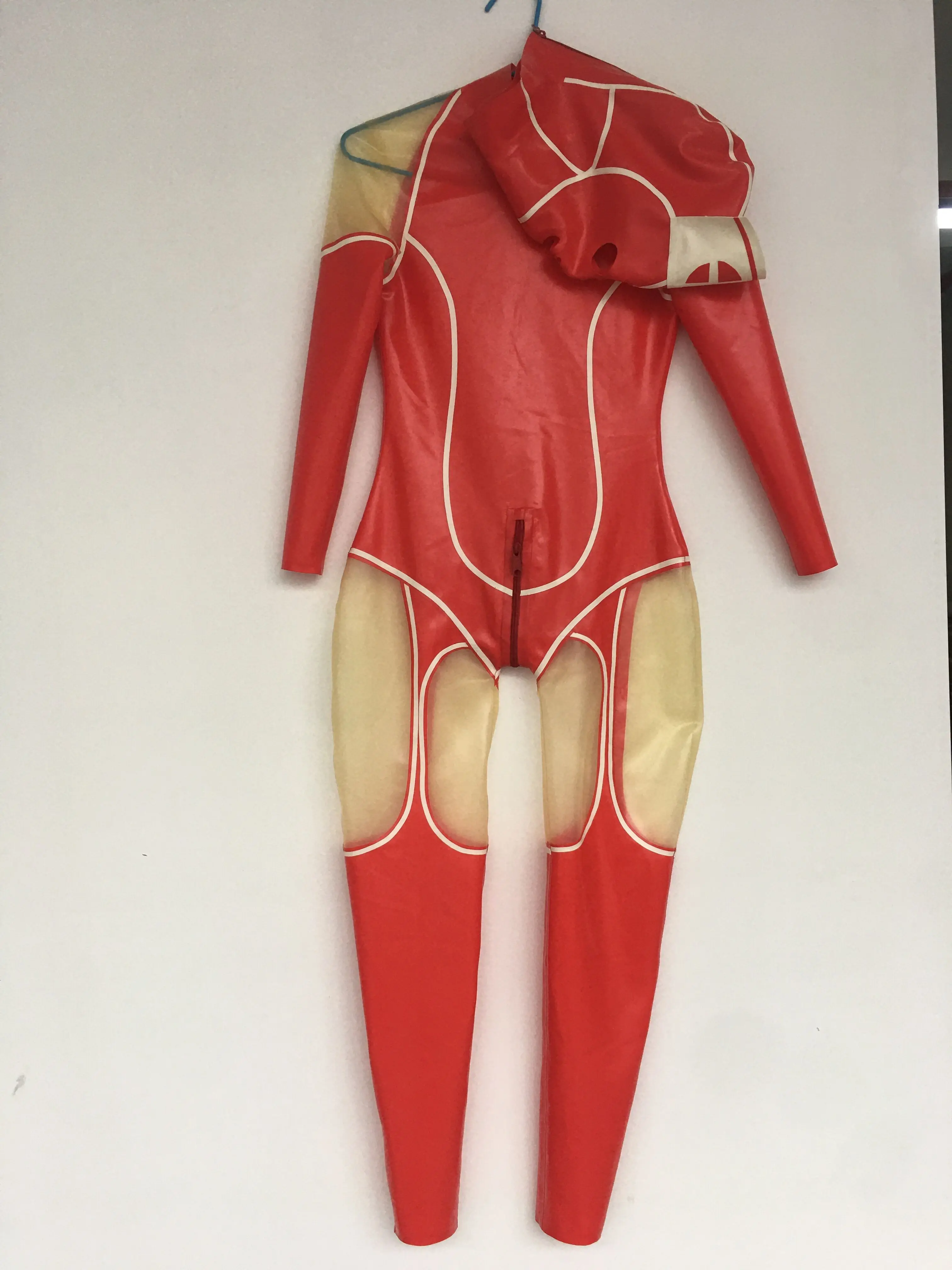 

Fresh Release: Red & Sheer Clash Latex Catsuit – 100% Rubber, Snug-Sculpted Bodysuit with Hooded For Masquerade
