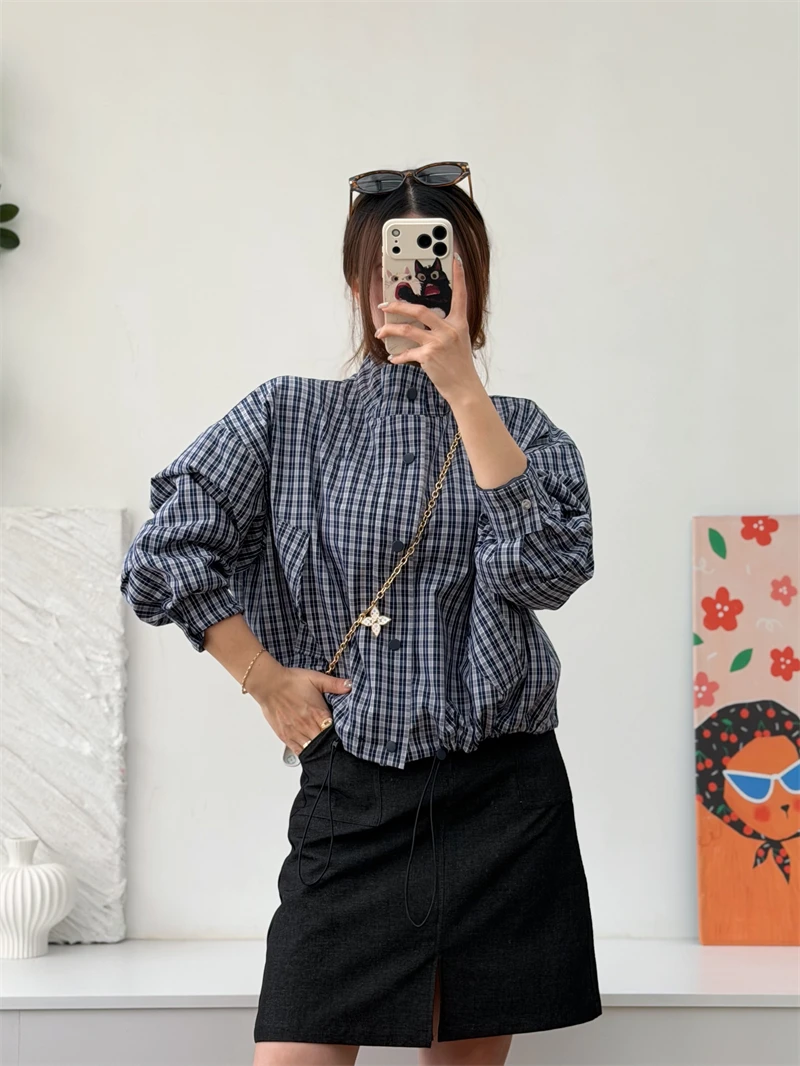 Retro Style Short Cotton Jacket Women Loose Shoulder Drop Shoulder Pure Cotton Stand Collar Blue White Plaid Spring Outerwear