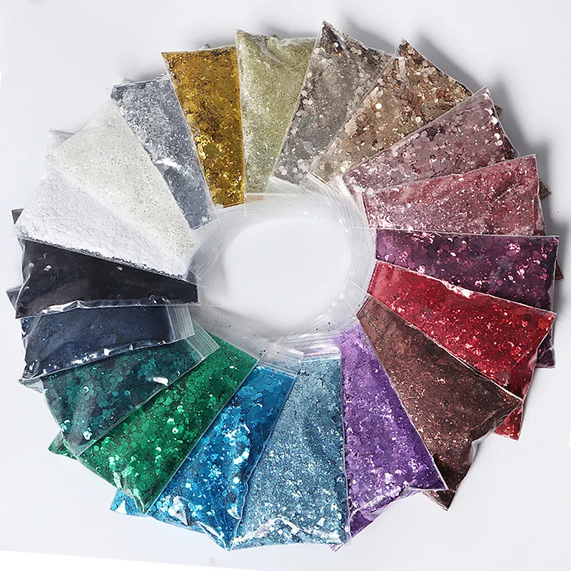 50g Bulk Holographic ผสมหกเหลี่ยมรูปร่าง Chunky เล็บ Glitter Silver Sequins เลเซอร์ Flakes สําหรับ DIY Party ตกแต่ง