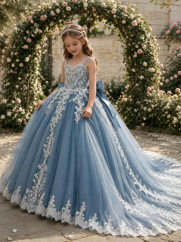 Customized Flower Girl Dress Spaghetti Strap Heart Neck White Lace Embroidery Corset Back Big Satin Bow Train Tulle Ball Gown