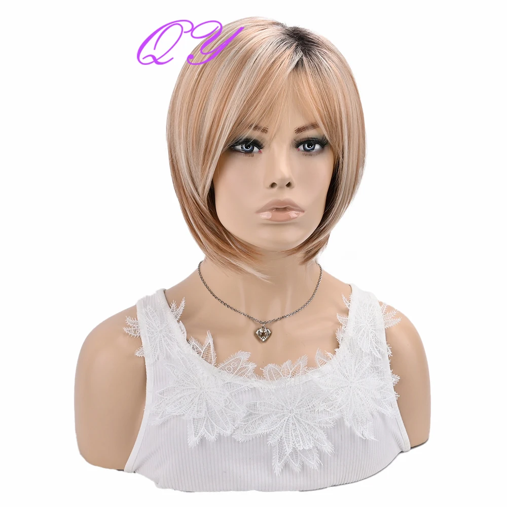 Women's Side-Parted Bangs Bobo Wig High Quality Synthetic Wig With a Gradient Top Blonde Wig With Smooth Hair To Shape The Face