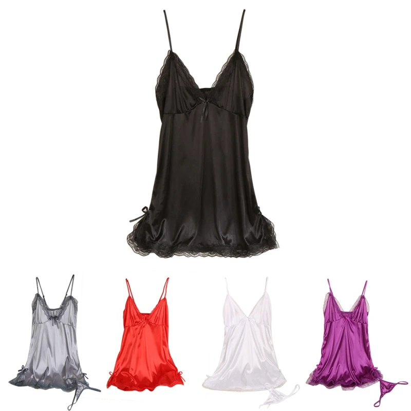 Sexy V-neck Lace Lingerie Sling Dress Women Elegant Sleepwear Nightdress Temptation Underwear Summer Thin Satin Nightgown