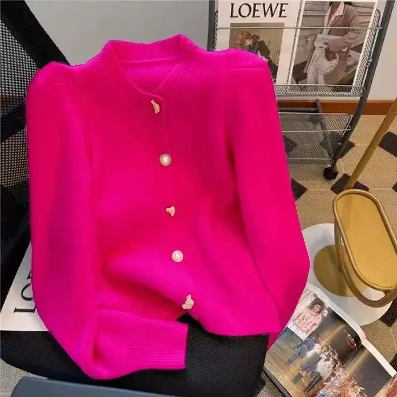 Chaqueta de punto roja, rosa, verde, amarillo y azul para Mujer, suéter suave de otoño, cárdigan de punto con botones, Tops cortos, cárdigan de manga larga para Mujer