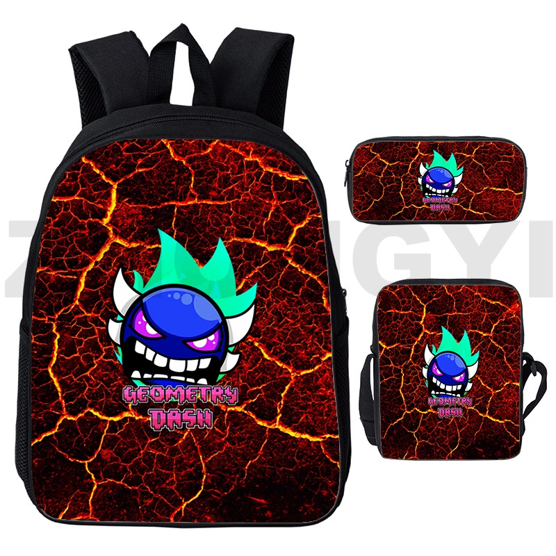 3 Piece Set Angry Geometry Dash School Bags for Teenager Girls Canvas Women Backpack Boys Student Bookbag Pencil Case Handbags