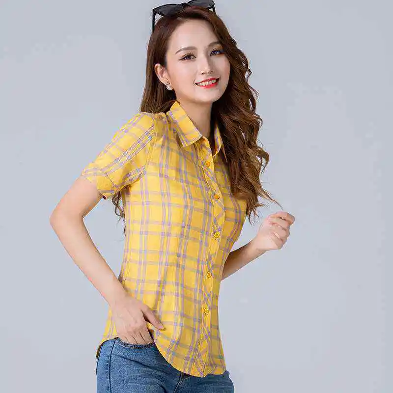 

Summer New Design Casual ort Plaid irt Women's Commute Sle Korean Version Straight Cut Knot Cotton Blend