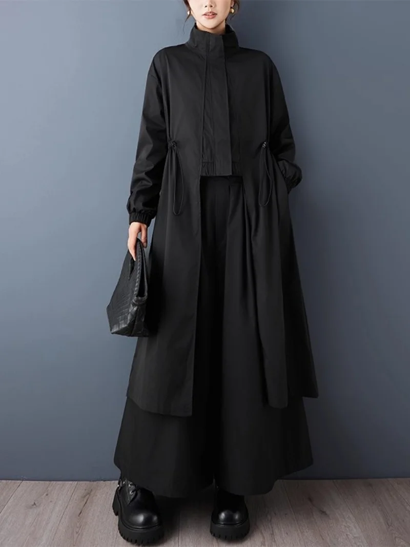 

Design Dark Style Irregular Zipper Windbreaker Women 2026 Spring Autumn Loose Drawstring Slim Fashion Casual Long Jacket w1319