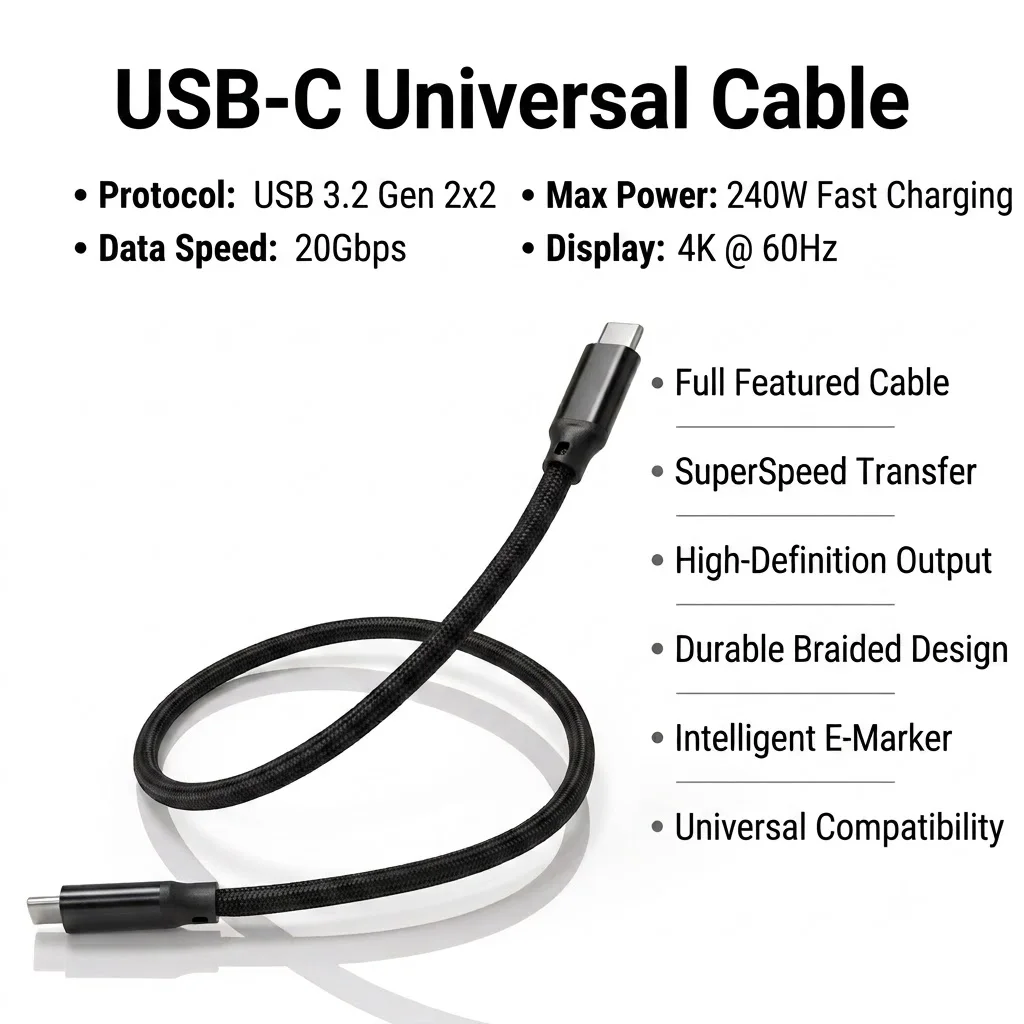 USB C Cable Male to Male Type C USB3.2 Gen2X2 20Gbps 240W Fast Charging Cord for MacBook Pro Samsung Xiaomi
