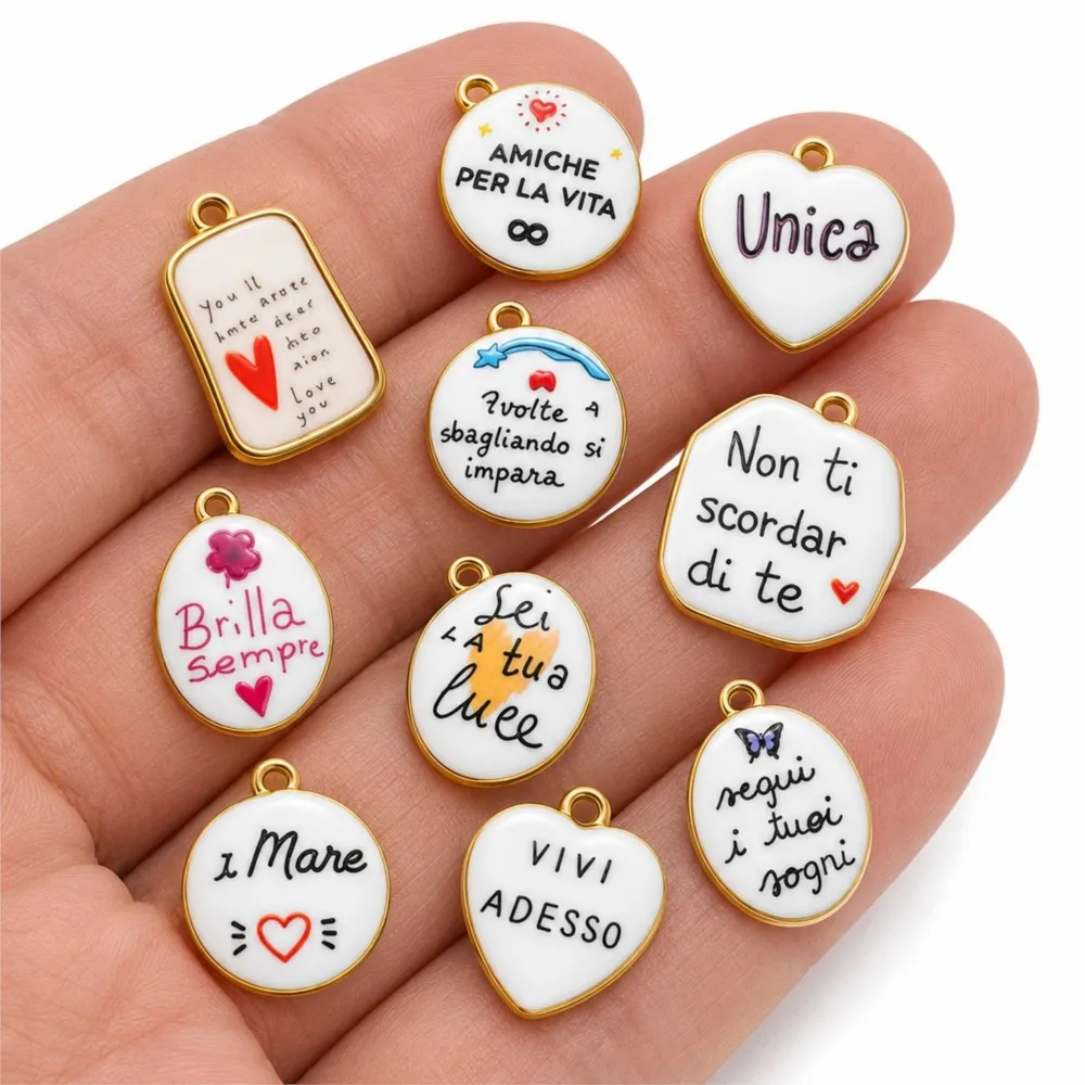 2pcs Italian Words Love Ceramic Charms Geometric Round Enamel Stainless Steel Pendants For DIY Necklace Bracelet Women Jewelry