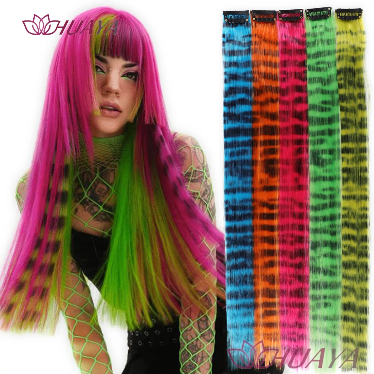 Synthetic Clip in Hair Extension Colorful Fake Hair Clip In One Piece Hairpiece For Women Y2K Colorful Hair Extensions Leopard