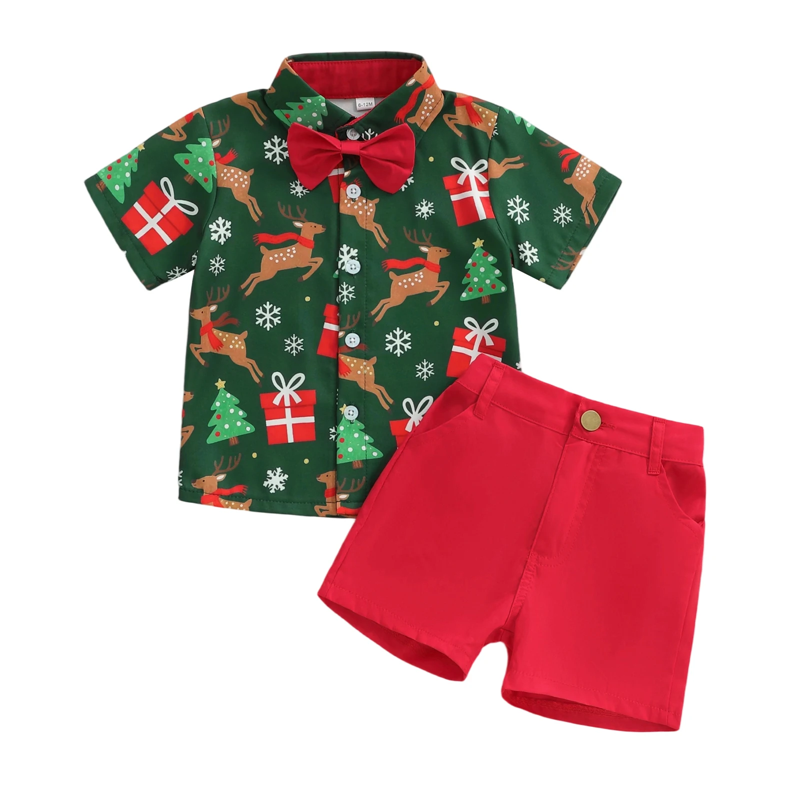 

Рождественский наряд для маленьких мальчиков, рубашка с галстуком-бабочкой и короткими рукавами с принтом оленей и снежинок, однотонные шорты, комплект из 2 предметов для джентльмена