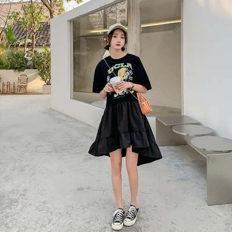 Sommer neue lose Kurzarm druck gekräuselte Kante T-Shirt Kleid solide unregelmäßige Mode Mini kleid koreanischen Trend Frauen Kleidung