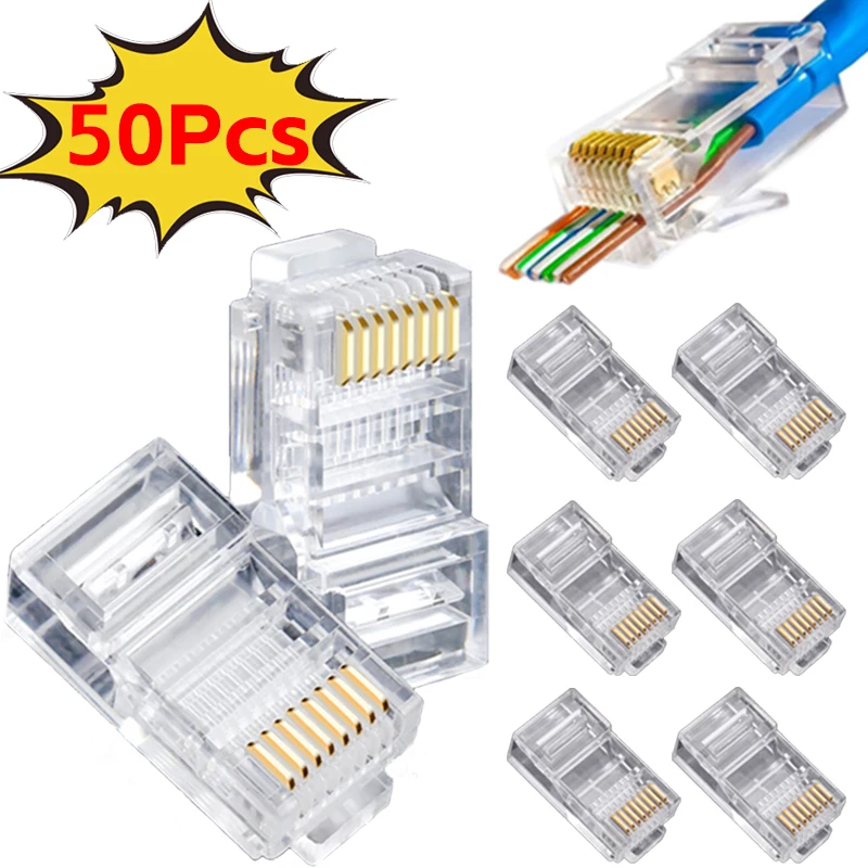 50-1Pcs RJ45 Cat6 Cat5 Pass Through Connectors Crimp Modular Plug Network Adapters Ethernet Wire Line Converter for PC Hardware