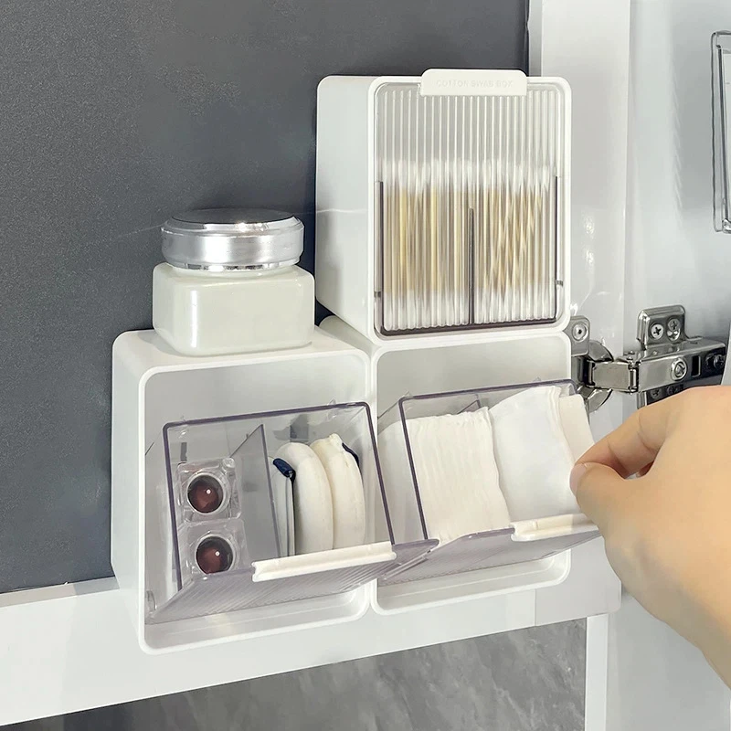 Punch Free Cotton Swab Storage Box Bathroom Wall Mounted Flip Cover Makeup Cotton Box Hair Clips Hair Ring Small Item Organizer