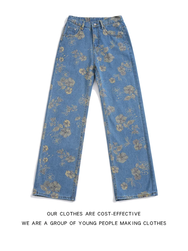 

Floral Print Loose Fit Jeans Men's Women's mid Waist Straight Leg Casual Floor Length Pants Spring Autumn Seasonal Wear