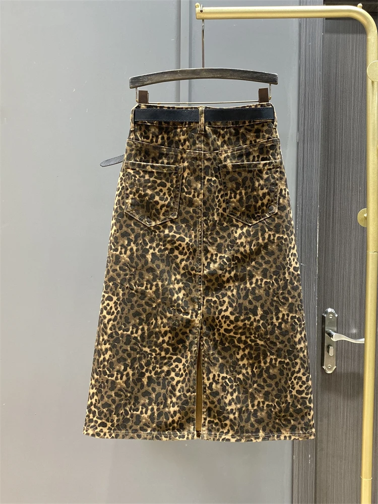 Retro Leopard Print Denim Skirt Women's Medium and Long High Waist Autumn Slimming Hip Covering All-Matching Hip Wrap Skirts