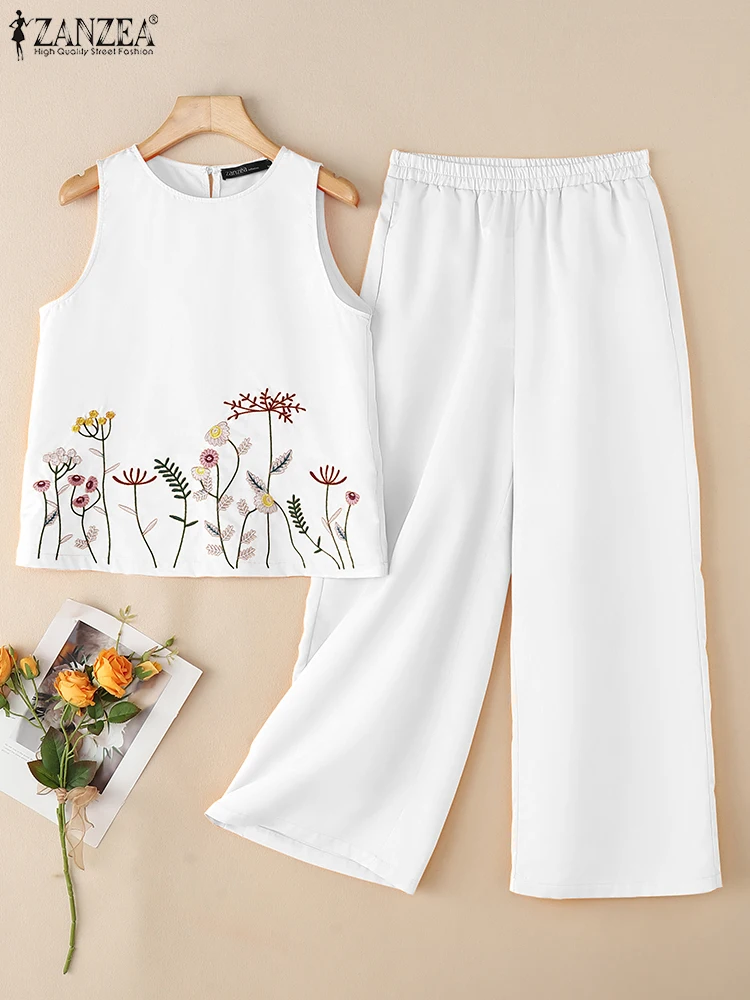 

ZANZEA Summer 2PCS Sleeveless Tanks Tops Pant Sets 2025 Women Work Matching Sets Embroidery Outfits Elegant Work OL Tracksuits