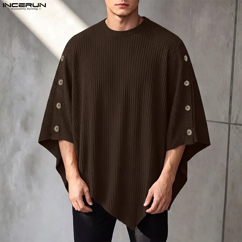 INCERUN Men's Irregular Pullovers O-neck Casual Cloak Cape For Man Streetwear Loose Fashion Oversize Knitted Ponchos Sweaters