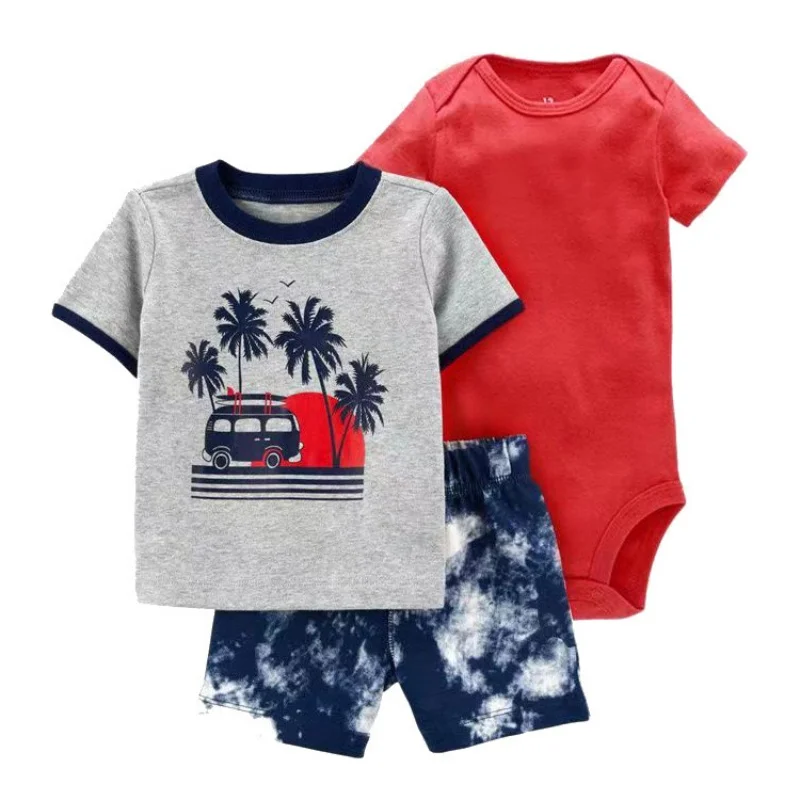 3Pcs Fashion Newborn Baby Boy Clothes Set Cute Cartoon Print Cotton Short Sleeved+Shorts+Jumpsit Infant Soft Toddler Clothing