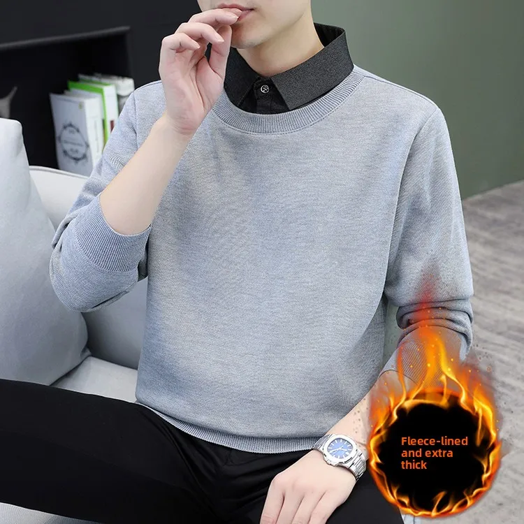 

Loose Polyester Fiber Knitted irt Collar Sweater Youth Vitali Sle Overhead Casual Long Sve Thermal Wear for Men