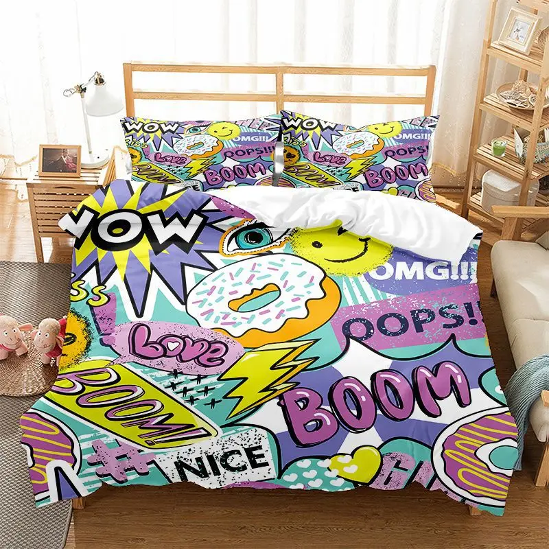 

Graffiti Duvet Cover Set Cute Hip Hop Style Polyester Comforter Cover with Pillowcase Queen Full Size for Kid Teen Bedding Set