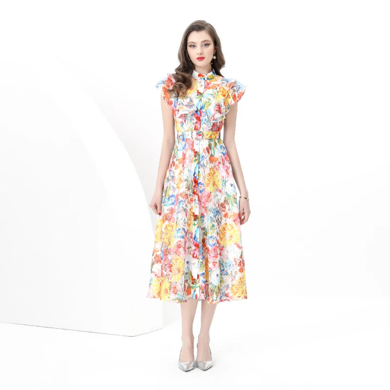

2025 Spring/Summer Retro Lace Stand up Collar Waist Sleeveless Long Printed Dress summer dress women 2025