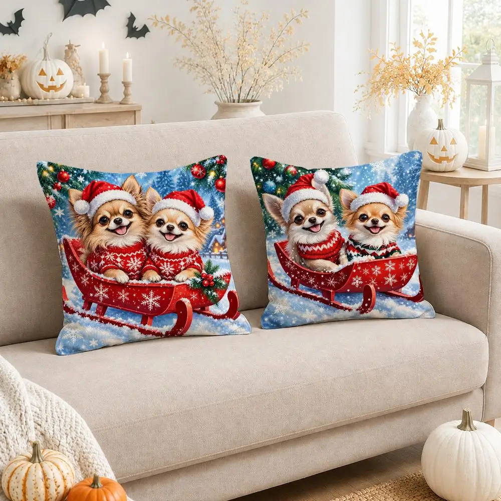 Cute Chihuahua Christmas Winter Cushion Cover Linen Double-Sided Printed Pillow Case for Sofa Couch Bedroom Living Room