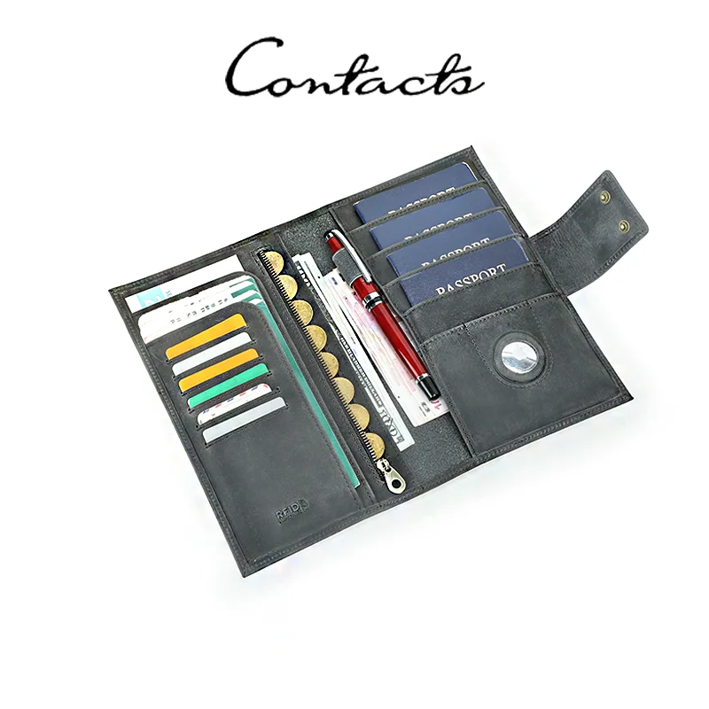 CONTACT'S Genuine Leather Passport Wallet Men Card Pen Holder Safe Grey Money Bag Storage Male Work Travel Gift Coin Purse
