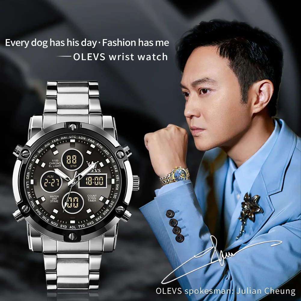 OLEVS New Fashion Dual Display Men Watches Luxury Sport Waterproof Quartz Steel Strip Electronic Watch Luminous Men Watches 1106