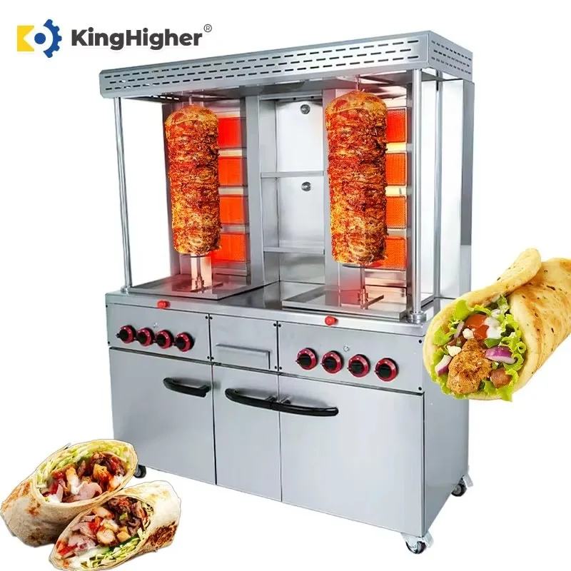 Dual Gas Shawarma Machine Vertical Kebab Grill Commercial Gyro Rotating Roaster With Storage Cabinet Large Size