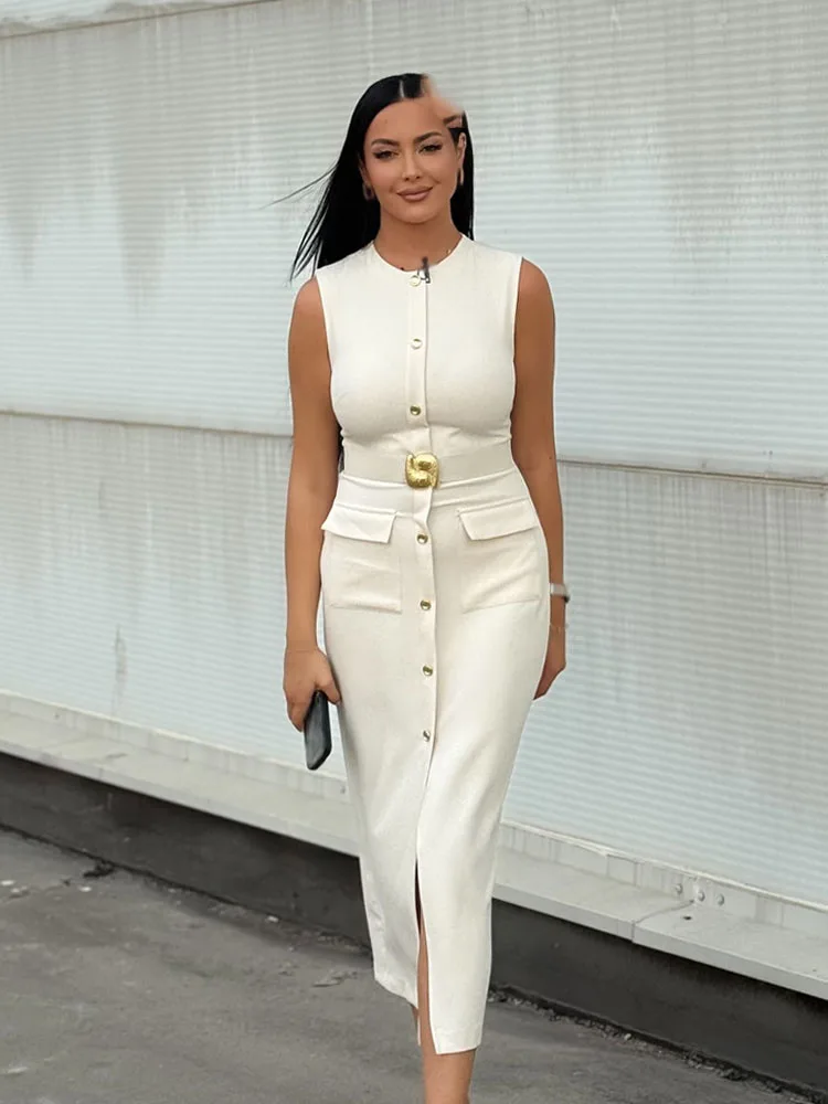 HH Woman Chic O-Collar Sleeveless Back Zipper Slim Dress New Fashion Women  Single Breasted Hem Slit Belt Decorate Midi Dress - AliExpress 200000345