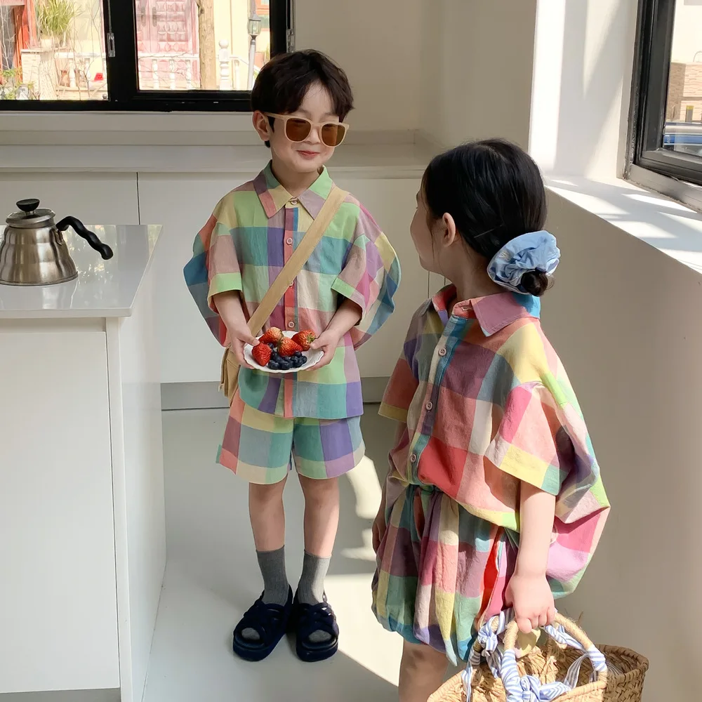 2024 Summer Fashion Sibling Costume Girl Loose Big Puff Sleeves Turn-down Collar Blouse Colourful Plaid Shorts High Quality Suit