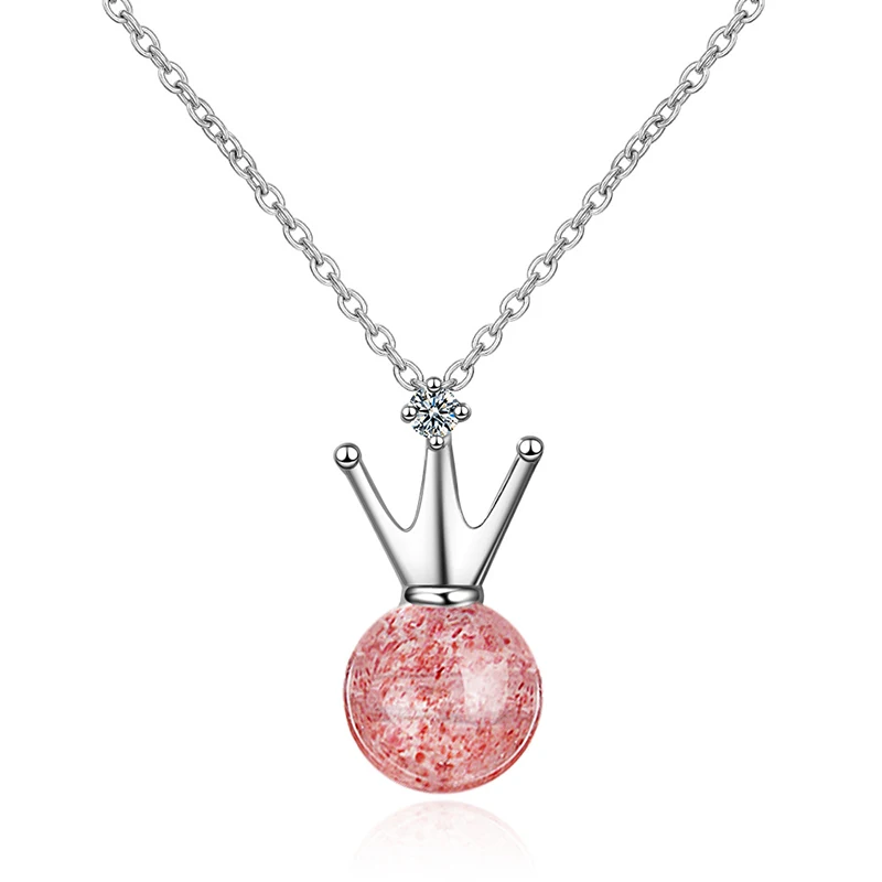 TAISILI Women Copper Necklace Minimalist Silver Crown Pink Strawberry Quartz Ball Pendant For Beautiful Daily Party Jewelry