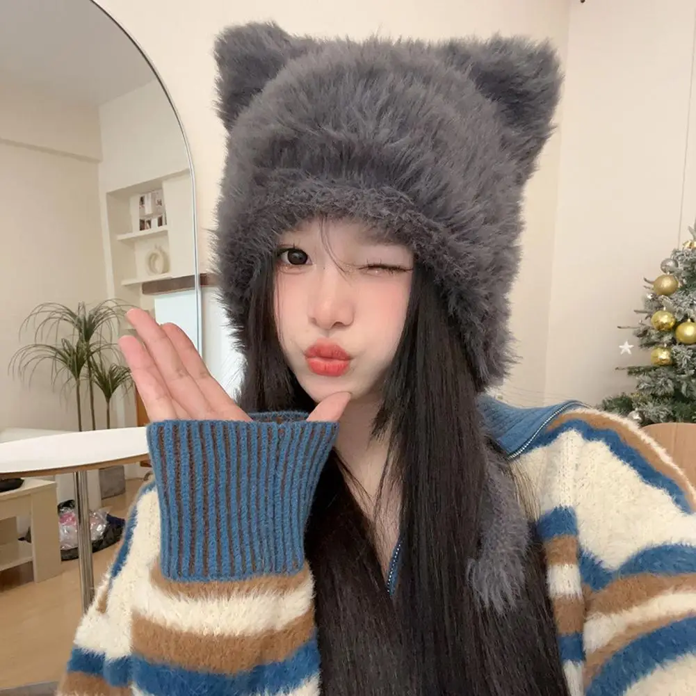 Lady Soft Cap Lace Up Strap Hat Cozy Winter Hat with Faux Fur Cartoon Ear Decor Anti-slip Elastic Stay Warm Stylish Windproof