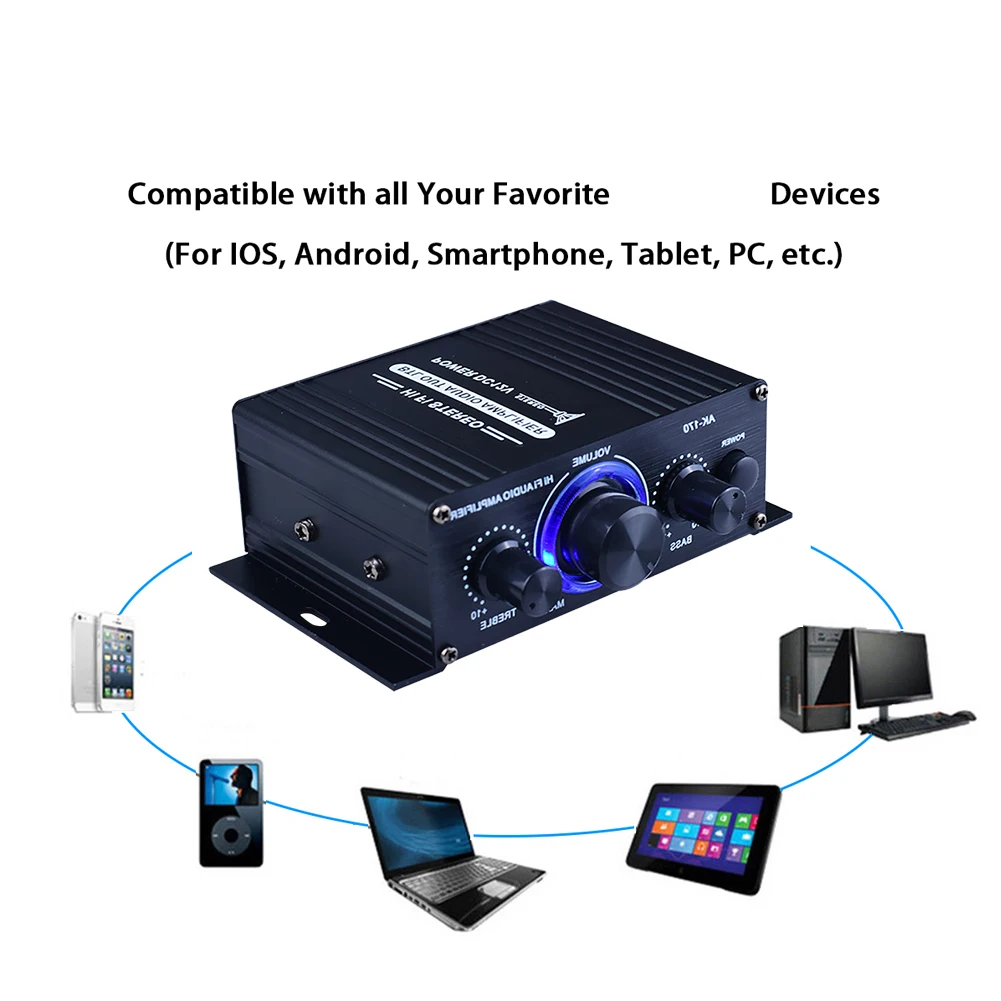 AK-170 مضخم صوت ستيريو HiFi صغير يعمل بالبلوتوث LED 200 وات + 200 وات 12 فولت قوة مزدوجة القناة مضخم صوت منزلي للسيارة مع مضخم إدخال RCA