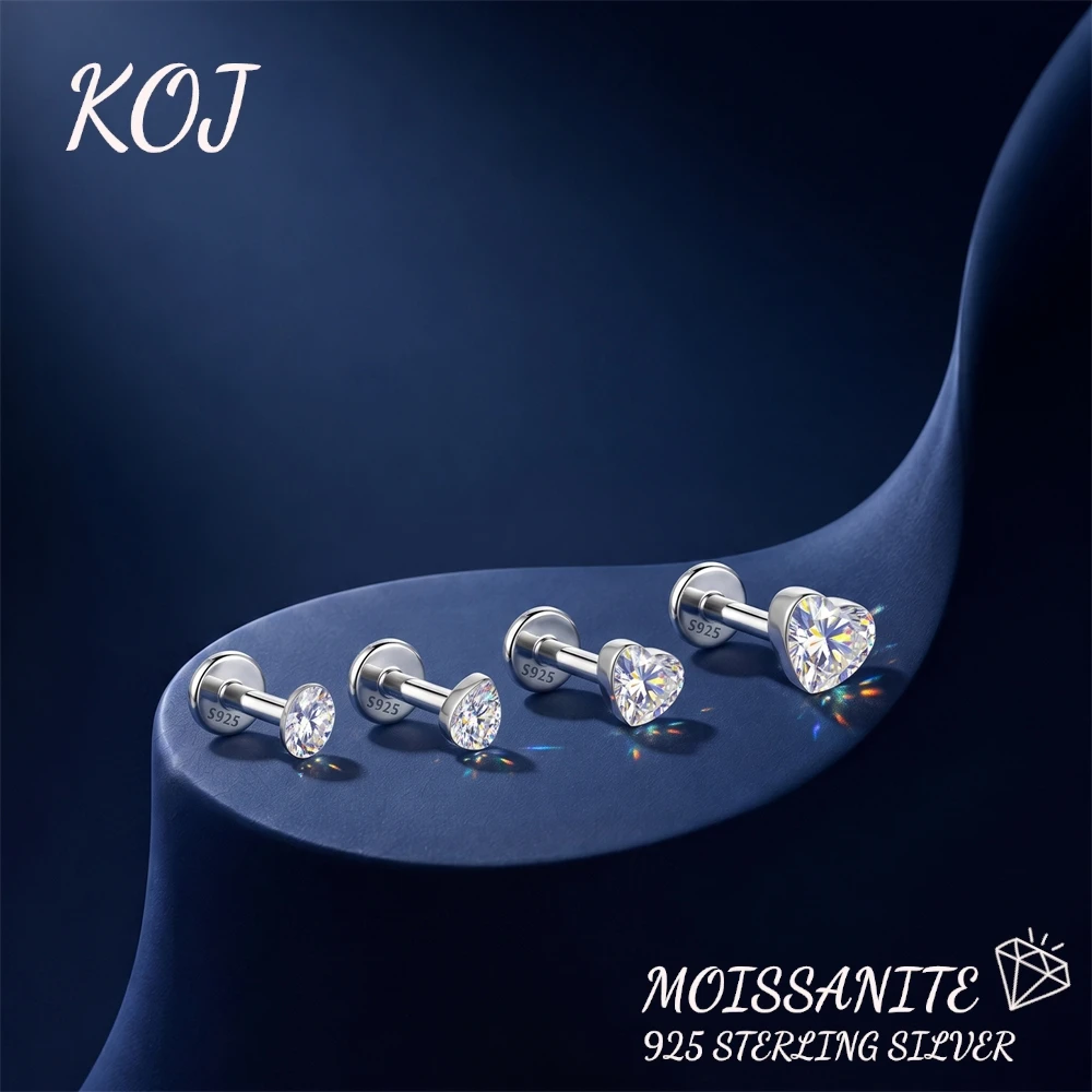 KOJ 1PC 925 Sterling Silver Brilliant Moissanite Piercing Earring Heart Oval Water‑Drop Hypoallergenic Gift For Women Jewelry