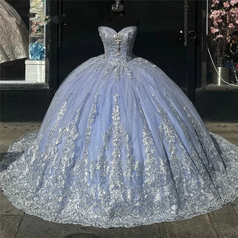 

Mexico Sky Blue Sweetheart Gown Quinceanera Dress For Girls Ball Beaded Appliques Birthday Party Gowns Robe De Bal S