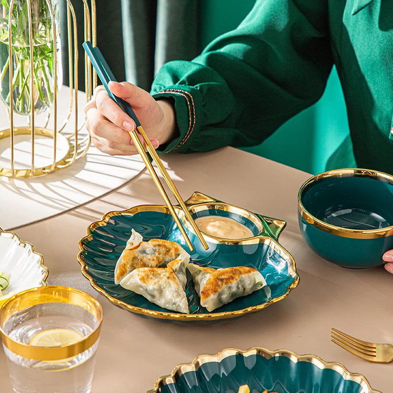 HOONRA 8 inch Creative Shell Dinner Plate Under-glazed Ceramic Dinner Dishes Dessert Tray Golden Edge Dinnerware Microwave Safe