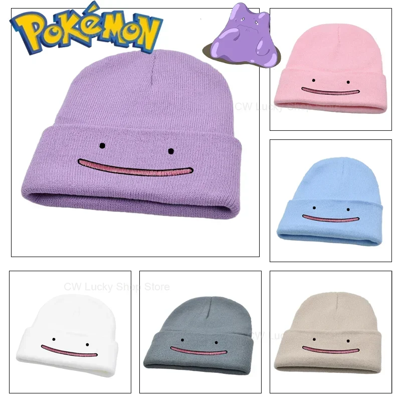 Pokemon Ditto Knitting Hat Fashion Anime Men Women Autumn Winter Warmer Bonnet Cute Embroidery Outdoor Windproof Cap Casual Hats