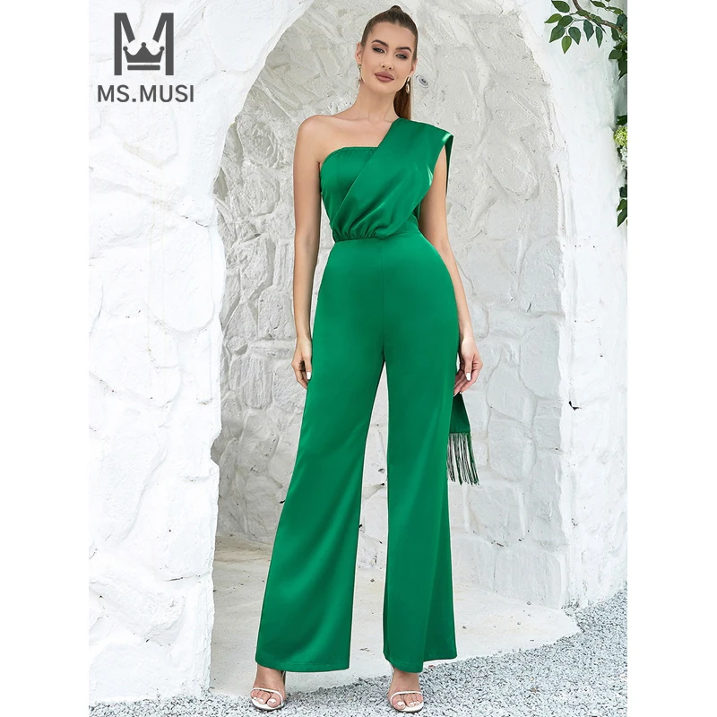 

MSMUSI 2024 New Fashion Women Sexy One Shoulder Draped Sleeveless Backless Bodycon Party Club Flare Long Pant Slim Lady Jumpsuit