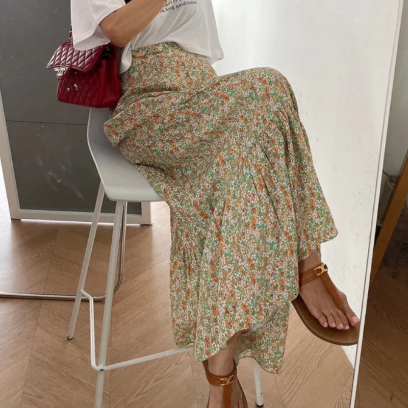 2023 Spring Summer Printed Floral Pleated Skirt Women Korean Style Casual High Waisted A-Line Long Skirts Maxi falda plisada