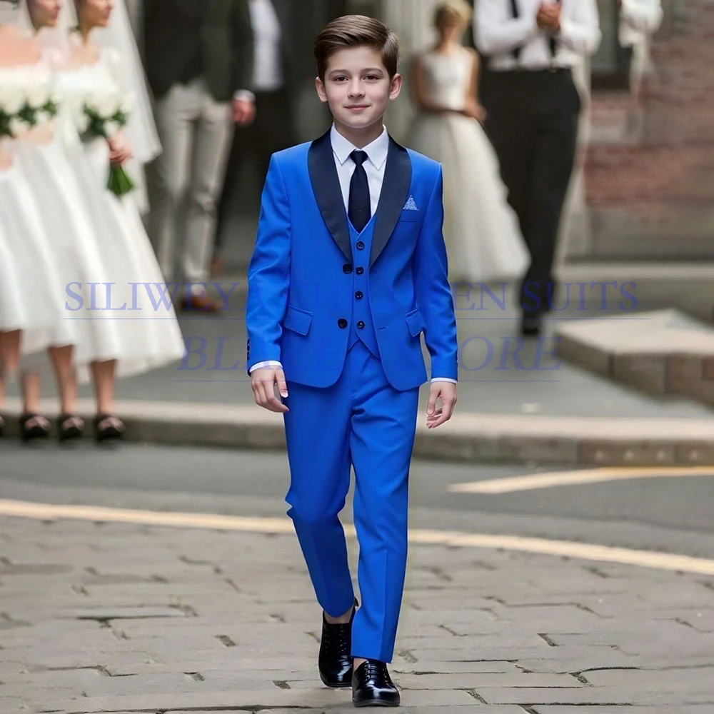 

Мужские синие костюмы для мальчиков, однотонные однобортные однобортные костюмы с шалью и лацканами, облегающие свадебные костюмы из трех предметов, брюки, жилет, детская одежда